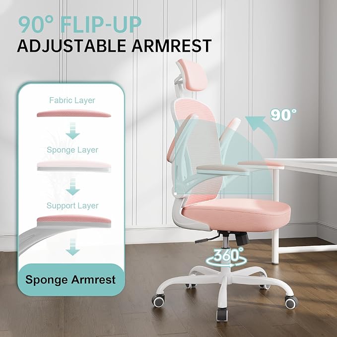 Synorla Office Chair Ergonomic Desk Chair, 330LBS Capacity, High Back Computer Design for Long Hours Comfort, Rolling Swivel Executive Task for Home Office with Flip-up Armrests（White Pink）