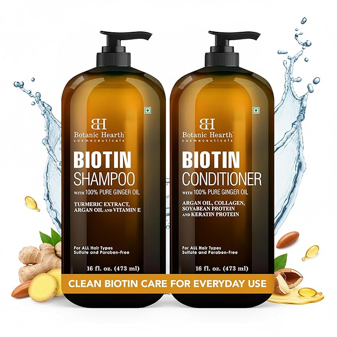 Botanic Hearth Biotin Shampoo and Conditioner Set - with Ginger Oil & Keratin for Hair Loss and Thinning Hair for Men and Women - Sulfate Free, 16 fl oz each
