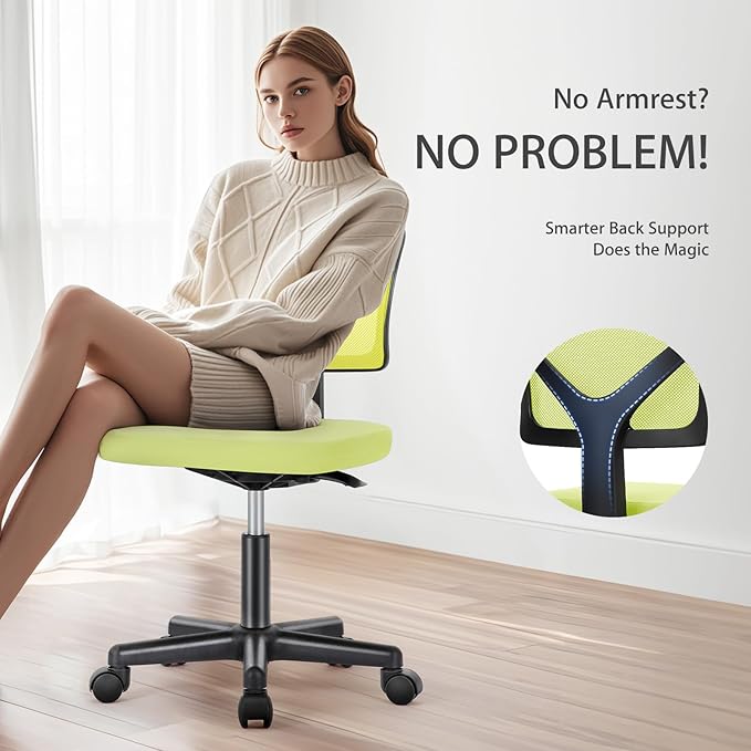 NEWBULIG Home Office Desk Chair, Armless Ergonomic Swivel Computer Chair with Wheels, Adjustable Height and Low-Back Mesh Design, Rolling Chair with Lumbar Support and Comfortable Seat, Green