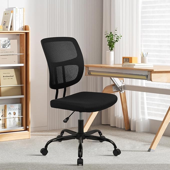 CLATINA Armless Home Office Chair, Small Ergonomic Mesh Back Desk Chair with Lumbar Support and Wheels, Adjustable Height 360° Swivel Rolling Computer Chair for Conference Waiting, Black, 2Pack