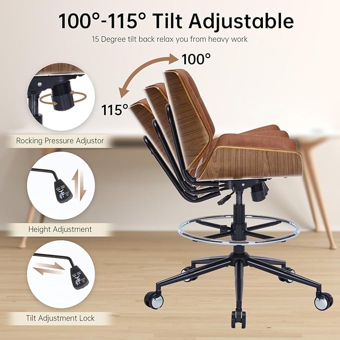 Drafting Office Chair Ergonomic Executive Computer Standing Desk Chair with Adjustable Height and Footrest Ring, Drafting Chair for Counter Height Desk and Drawing (Brown)
