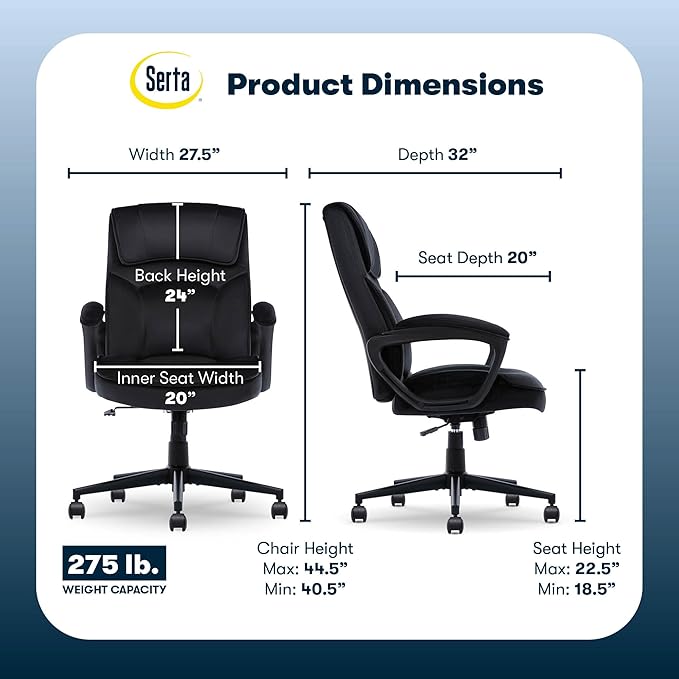Serta Comfort Classic Executive Office Chair, Ergonomic Mid-Back Computer DeskChair with Lumbar Support, Semi-Plush Cushion and Body Pillows, Padded Armrests, Swivel Base, Black Velvet Fabric