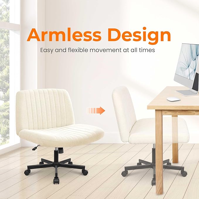 NEO Chair Criss Cross Chair with Wheels Home Office Cross Legged Armless Chairs Ergonomic Adjustable Computer Desk Task Wide Seat for Bedroom Vanity Comfy Swivel (Beige)