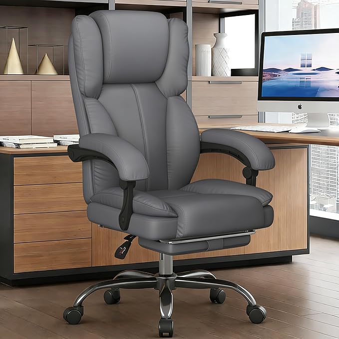 Big and Tall Office Chair, Executive Home Office Desk Chair, Leather Computer Chair with Retractable Footrest, Adjustable Headrest and Reclining Height, Padded Arms, 360°Swivel Free, Wide Seat, Gray