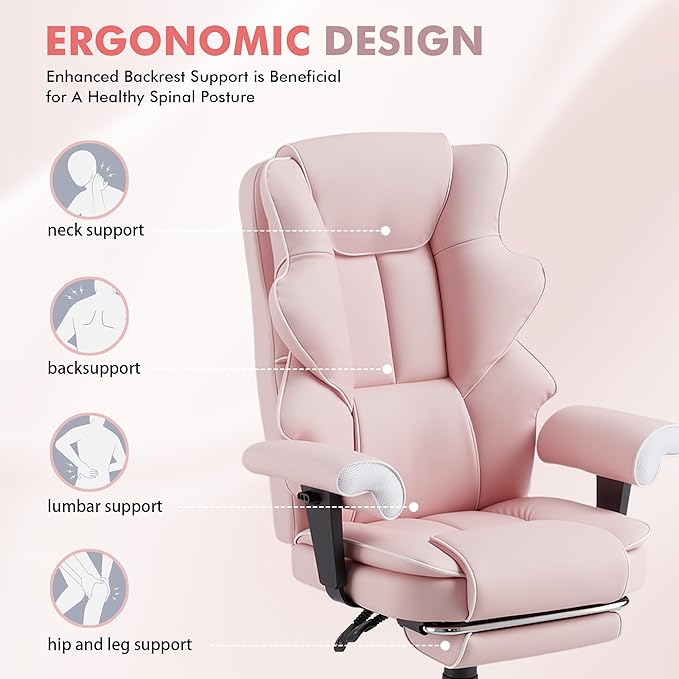 HOMREST 6-Point Massage Executive Chair,Heat Office Chair,Ergonomic Home Office Desk Chairs with Retractable Footrest and Reclining Function,Leather Computer Chair with Adjustable Armrest(‌Pink)