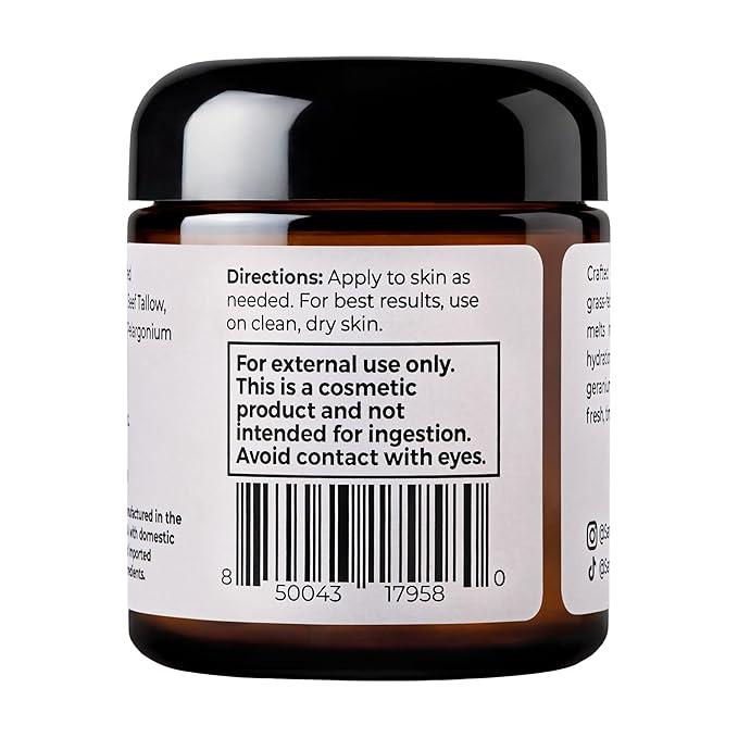 Santa Cruz Paleo, Suet Beef Tallow, Geranium Moisturizer, Organic, Grassfed Beef Tallow Skin Care, Non-Comedogenic Face & Body Moisturizer for Sensitive Skin, Geranium, 3.5 Oz