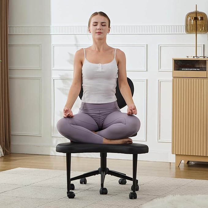 Ergonomic Cross Legged Chair with Wheels,360° Swivel Meditation Chair,ADHD Chair, Criss Cross Desk Chair with Lumbar Support and Adjustable Stool, Flexible Design for Fidgety Sitters, Black PU
