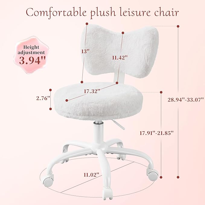 Vanity Chair with Back, Swivel Chair with Wheels & Adjustable Height, Fluffy Faux Rabbit Fur Comfy Desk Chair for Vanity, Make-up Room, Bedroom, Dorm, Cute Bow Backrest, White