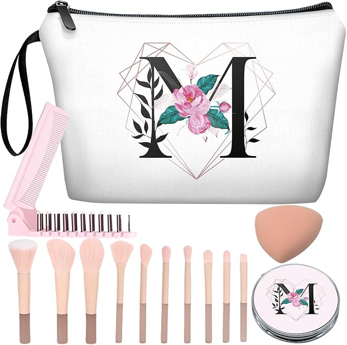 Personalized Initial M floral Makeup Bag set with Mirror for Women,White Ietter travel Cosmetic bag kit for Bride Bridesmaid with10 pieces pink brush set,Initial Gifts for Girls Mom femal Friends