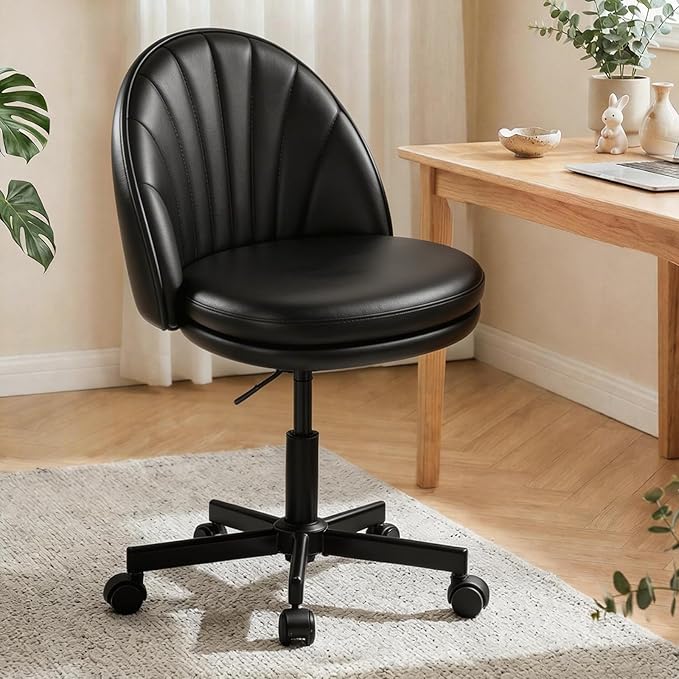 GTPOFFICE Vanity Chair with Back, Adjustable Tall Office Chair High Swivel Bar Stools Fluffy Cute Desk Chair Comfy with Wheels Armlees Counter Height for Adults Standing Desk Bar, Smooth Pu, Black