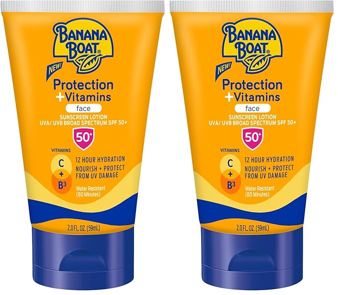 Banana Boat Protection + Vitamins Face Sunscreen Lotion SPF 50 | Travel Size Sunscreen for Face, Moisturizing with Vitamin C & Vitamin B3 Niacinamide, SPF 50 Sunblock Lotion, Fragrance Free, 2Fl Oz