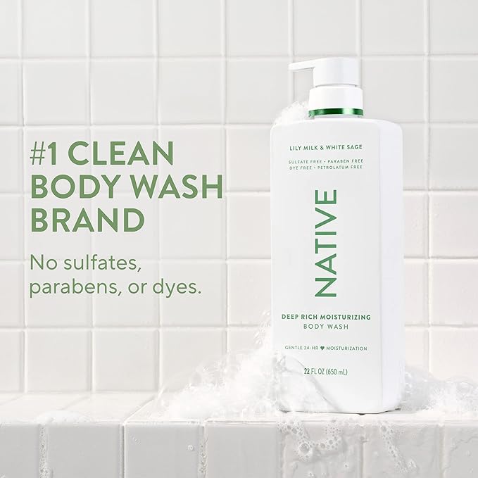 Native Moisturizing Body Wash, Lily Milk & White Sage, 24-Hour Hydration for Dry & Sensitive Skin, Made with Real Shea Butter, Sulfate & Paraben Free, 22 oz