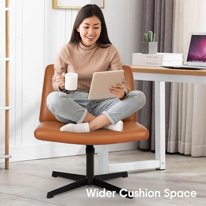 PayLessHere | Criss Cross Chair | Brown | Wide, Armless Desk Chair Without Wheels | 360 Swivel, Height Adjustable & Stable Metal Base | for Office, Home Office, Vanity Seating