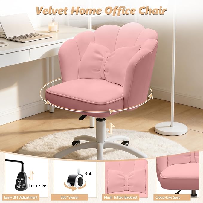 Home Office Desk Chair Swivel Rolling Vanity Chair with Silent Wheels and Comfortable Back, Adjustable Height Upholstered Computer Task Chair for Makeup, Bedroom