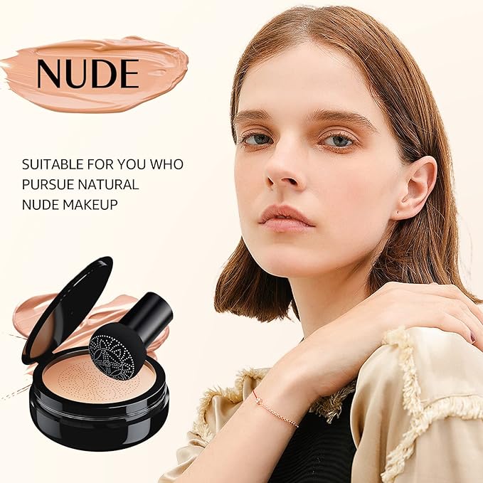Air Cushion CC Cream Foundation - Mushroom Head BB Cream Concealer Makeup Base Moisturizing & Long-Lasting for All Skin Types and Even Color Correcting (Nude)