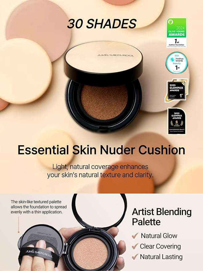 JUNG SAEM MOOL Essential Skin Nuder Cushion | Natural Finish, Buildable Coverage Cushion Foundation by Korean Makeup Artist (Refill Not Included, 0.49 Fl Oz), 36N Almond
