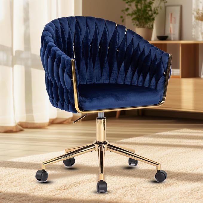 Velvet Office Chair with Back, Vanity Chairs with Wheels, 360° Swivel Velvet Home Office Desk Chair, Accent Chair Makeup Vanity Chair for Bedroom, Living Room(Blue)