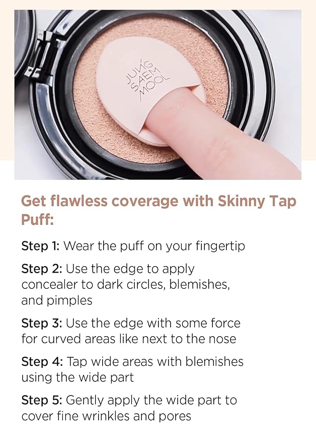 JUNG SAEM MOOL Skinny Tap Puff 3pcs, Mini Precision Puff for Concealer and Touch-Up, Ultra-Slim Fitting Makeup Sponge for Seamless Coverage Around Nose Eyes Lips, Korean Beauty Tool