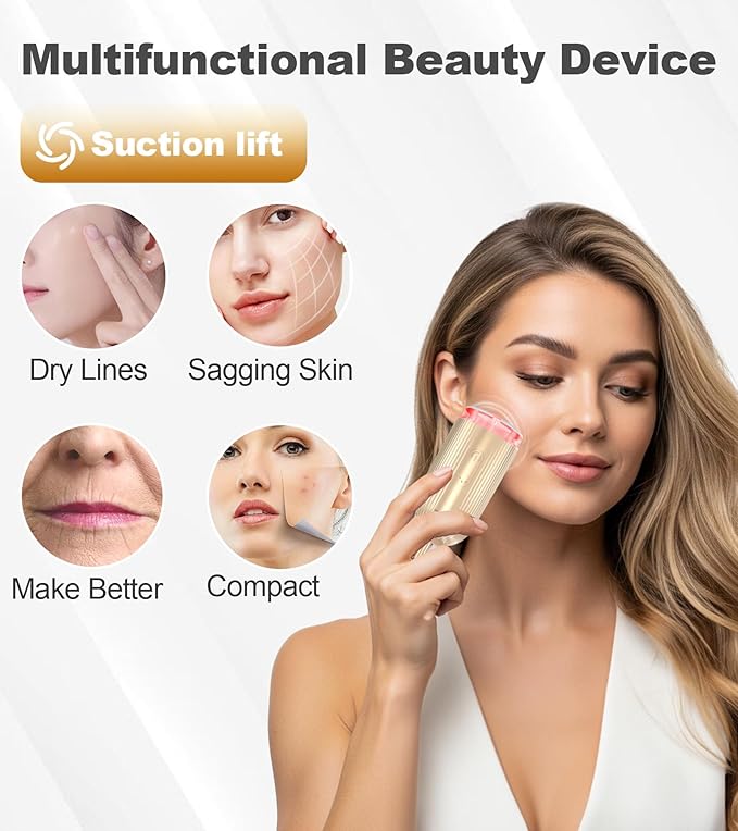 Face Massager Tool with Suction Shot 2026, 4 Color Facial Red Light Therapy, Beauty Device for Face, Face Massager for Double Chin & Lifting & Wrinkle Reduction, Portable Skin Care Tools, Rose Gold