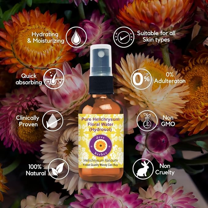 Deve Herbes Pure Helichrysum Floral Water (Hydrosol) (Helichrysum Italicum) for Skin - 50ml (1.69 oz)