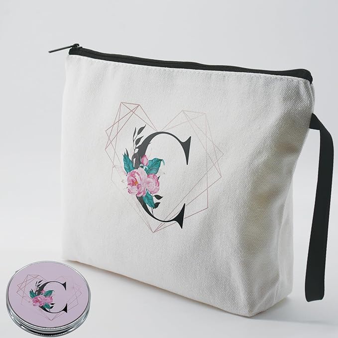 Personalized Initial C floral Makeup Bag set with Mirror for Women,White Ietter Bride Bridesmaid travel Cosmetic bag kit with10 pieces pink brush set,Initial Gifts for Girls Mom femal Friends