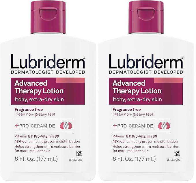 Lubriderm Advanced Therapy Fragrance-Free Moisturizing Hand & Body Lotion + Pro-Ceramide,Intense Hydration for Itchy,Extra Dry,& Sensitive Skin,Non-Greasy,Hypoallergenic,6 fl. oz,(Pack of 2)