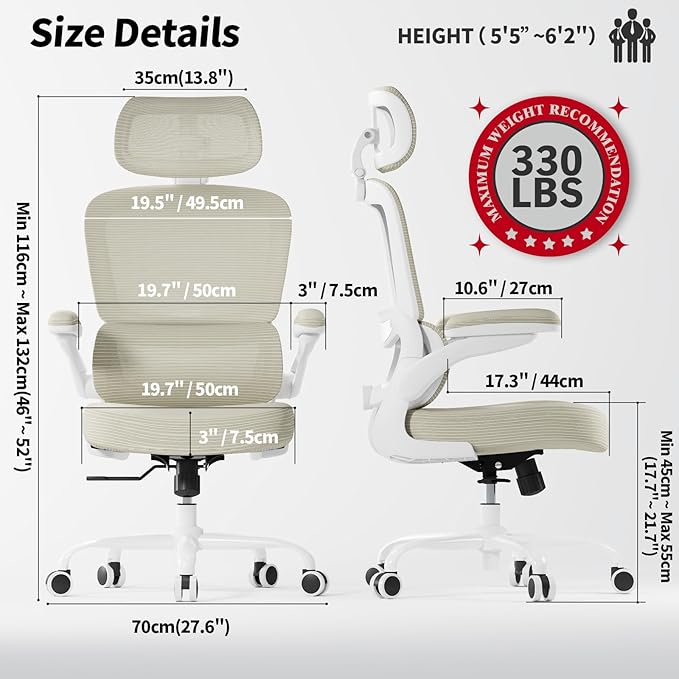 TRALT Ergonomic Office Chair - Desk Chair with Adjustable Headrest Lumbar Support Computer Chair - Mesh Comfy Chair with Flip-up Armrests - Gaming Chairs for Adults Home Office (Leather, Beige)