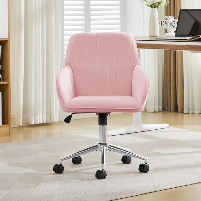 YITAI Velvet Office Desk Armchairs with Silver Base and Wheels,Modern Height Adjustable 360 Degree Swivel Upholstered Vanity Chairs for Living/Room Bedroom/Study,Pink