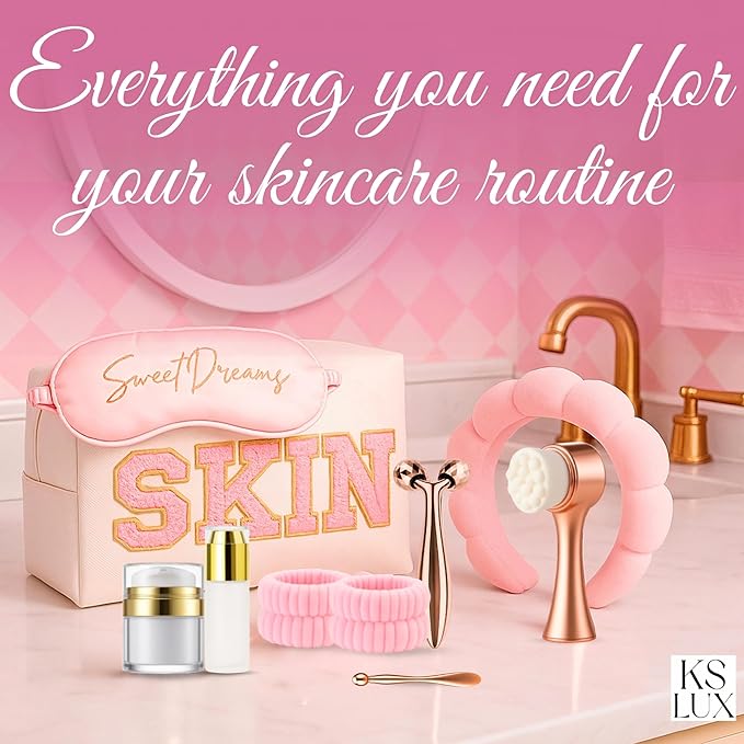 Preppy skincare set women, pink skincare for teen girls, cute skin care kit for teens, girls skin care tools, cute preppy stuff for girls 10-12, cool teenager girl gift ideas with clean girl aesthetic