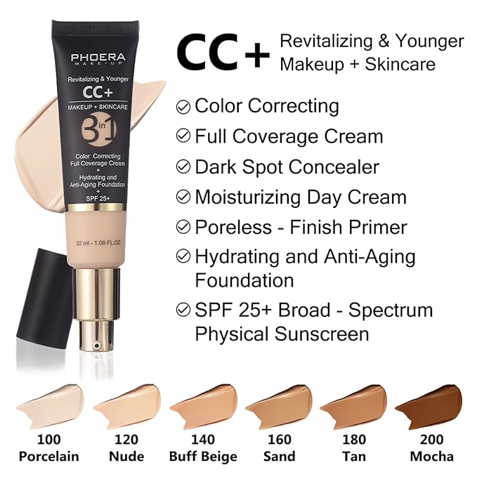 PHOERA CC+ Cream Color Correcting Anti Aging Hydrating Serum & SPF 25+, PHOERA Primer, Makeup, Kabuki Makeup Brushes Foundation Brush Powder (101 Porcelain + 100 Porcelain CC Cream)