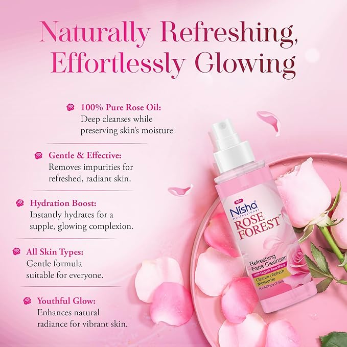 Nisha Professional Refreshing Face Cleanser with Organic Rose Water 120ml | Gulab Jal Cleansing Water for All Skin Types | for Women & Men | Alcohal Free | Cleanse, Refresh & Moisturize