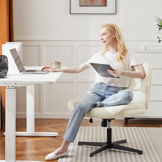 OLIXIS Criss Cross Chair Without Wheels, Cross Legged Office Chair, Armless Wide Vanity Desk Chair with Comfy PU Leather& Back - Swivel for Home Office Bedroom, Beige