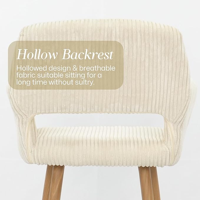 HENJIANYI Home Office Corduroy Desk Chair, Makeup Vanity Chair, Comfy Accent Armchair with Wood Grain Metal Legs, Cute Dining Chair with Hollowed Back, Beige