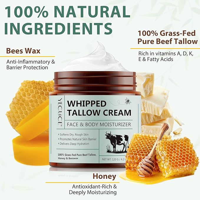 Beef Tallow for Skin, Organic Grass Fed Beef Tallow and Raw Wild Honey, Natural Whipped Tallow Balm for Face & Body Deeply Moisturizing, Body Lotion for Sensitive Skin Care, 4.2 oz