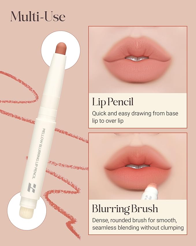 HOLIKA HOLIKA Mellow Blurring Lip Pencil 02 Nubeige - Korean Lip Makeup with Built-In Blurring Brush, 6mm Wide Tip for Overlining, Coconut Oil & Camellia Seed Oil, Long-Lasting No Skip Formula