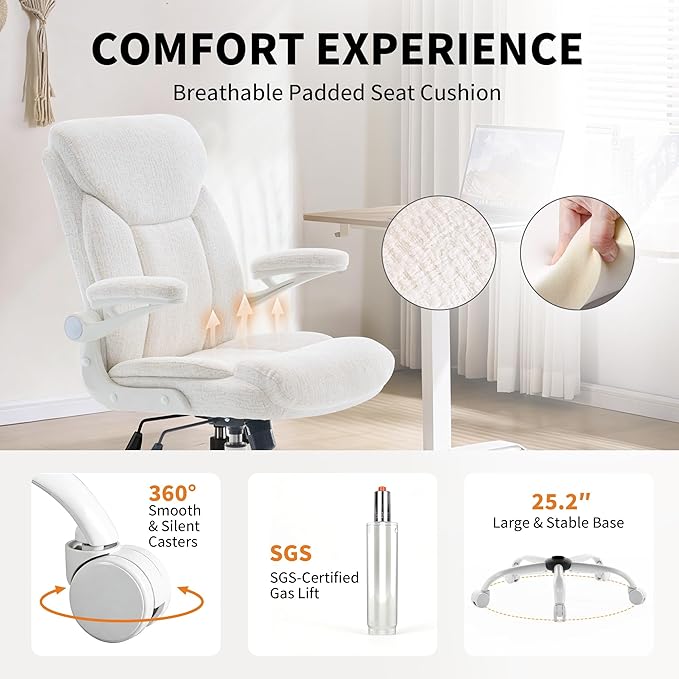 Home Office Ergonomic Desk Chair - Comfy Leather Executive Chair with Flip-Up Armrests, Lumbar Support, 360° Swivel & Rocking (White)