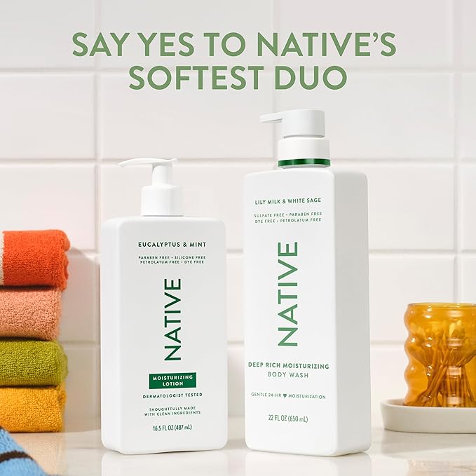 Native Moisturizing Body Wash, Lily Milk & White Sage, 24-Hour Hydration for Dry & Sensitive Skin, Made with Real Shea Butter, Sulfate & Paraben Free, 22 oz
