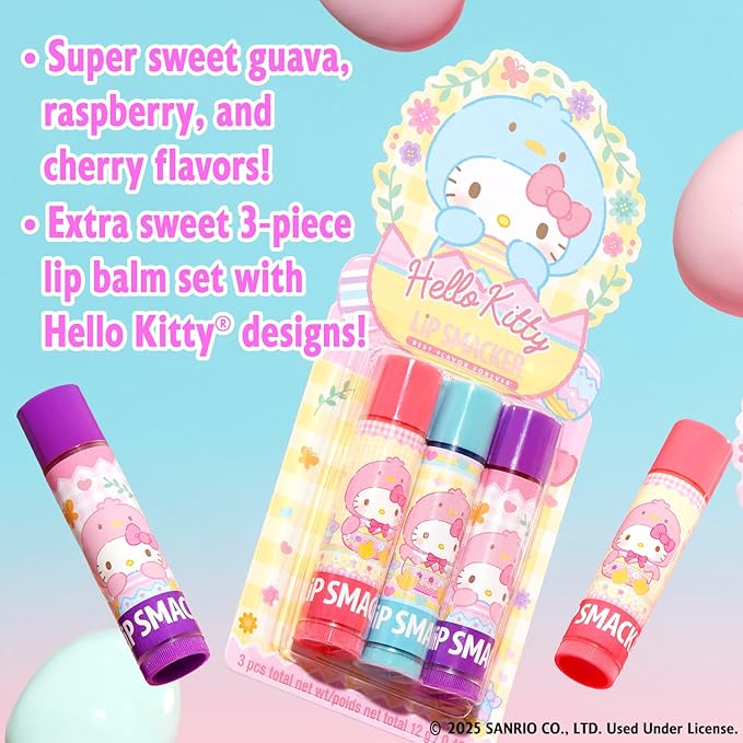 Lip Smacker Hello Kitty Lip Balm Trio, Adorable Sanrio Collectible, Moisturizing & Nourishing Fruity Flavors, Guavalicious Day, Raspberry Roll, Cherry Sweet- Blue