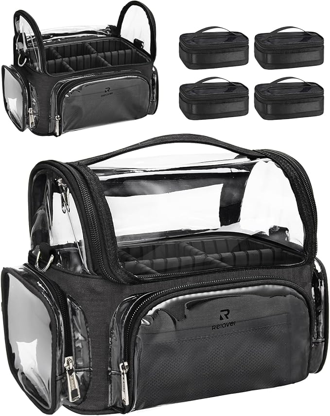 Makeup Brush Bag With 4 Mini Pouches, Makeup Brush Holder Professional Makeup Artist Travel Case Clear Waterproof Cosmetic Organizer Bag, with Adjustable Strap and Dividers