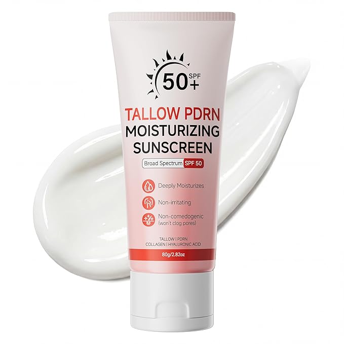 Beef Tallow Sunscreen With Non-Nano Zinc Oxide, Mineral Sunscreen SPF 50 Natural Sunscreens for Face and Body, Salmon PDRN Sunblock Moisturizing Sun Screen for Sensitive Skin & Kids, 2.82 OZ