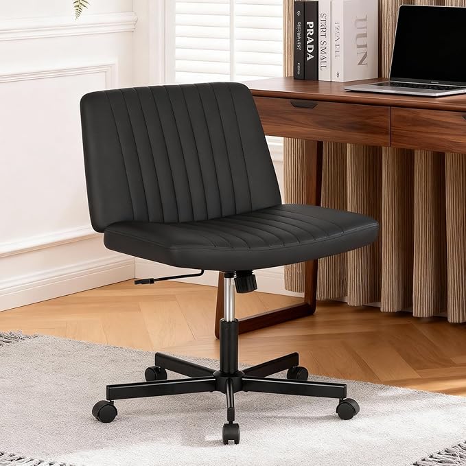 FDW Criss Cross Chair with Wheels Cross Legged Office Desk Modern Swivel Height Adjustable Wide Seat Computer Task Vanity Chair Comfy Fabric Armless Seating for Home Office