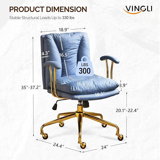 VINGLI Home Office Desk Chair Comfy with Wheels & Armrests,Gold Base Vanity Chair with Back,Adjustable Rolling Swivel Computer Task Chair for Study,Home Office,Cat Scratch PU,Navy Blue