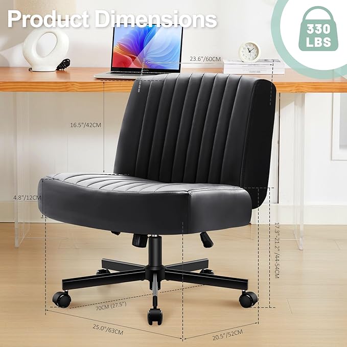 Criss Cross Chair with Wheels,Thick Padded Leather Cross Legged Office Desk Chair with Pocket Spring Cushion,Dual-Purpose Base,Wide Adjustable Computer Home Office Vanity Chair,Black