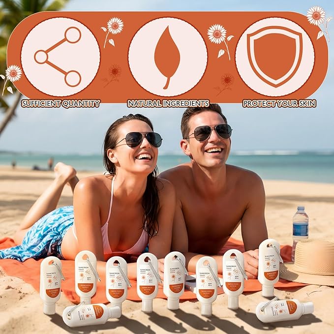 Leelosp 12 Pcs SPF 46 Mini Sunscreen with Carabiner Multi-pack Travel Water Resistant Sunscreen for Women Mother's Day Gift Summer Beach Trip Supplies Wedding Bridal Shower Thank Guest Gift (2oz)
