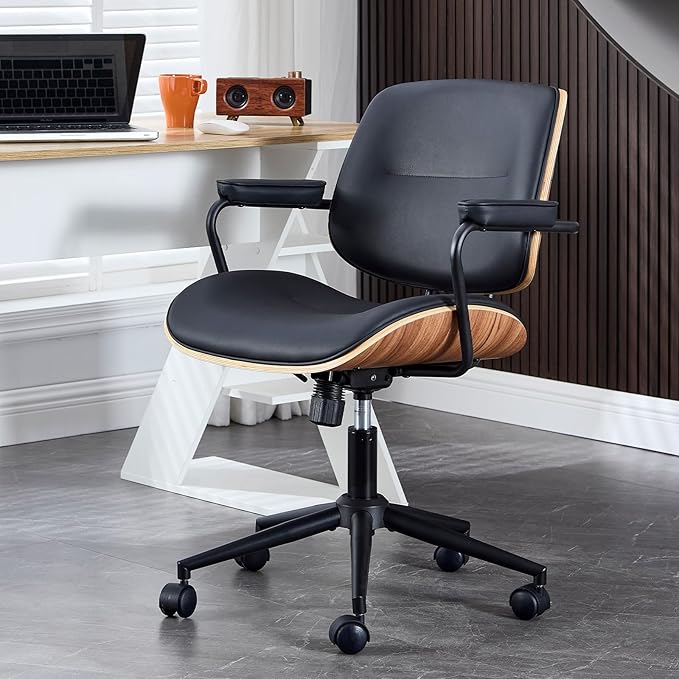 Mid Century Walnut Office Chair with Arms, Adjustable Swivel Desk Chair, Leather Computer Chair with Rolling Wheels for Home Office or Study Room, Black