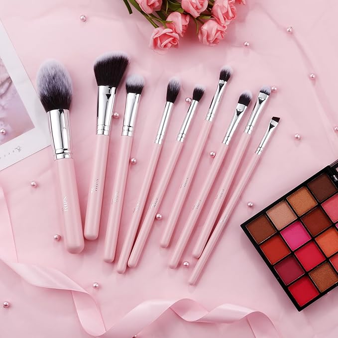 Makeup Brush Set (9 Pieces) - Includes Foundation, Powder, Concealers, Highlighter, Contour, Eye Shadows & Blush Brushes - Face & Eye Make Up Brushes with Synthetic Bristles - Leather Case Included