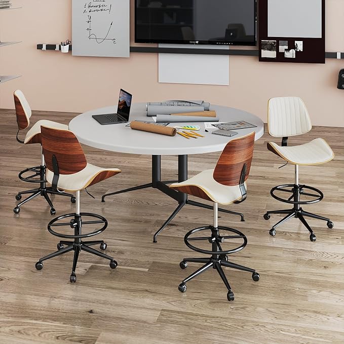Drafting Chair, Ergonomic Office Chair with Walnut Wood Back Support, Armless PU Leather Desk Chair with Height-Adjustable, Thick Cushion for Home, Bar, Drafting, Office (Beige)