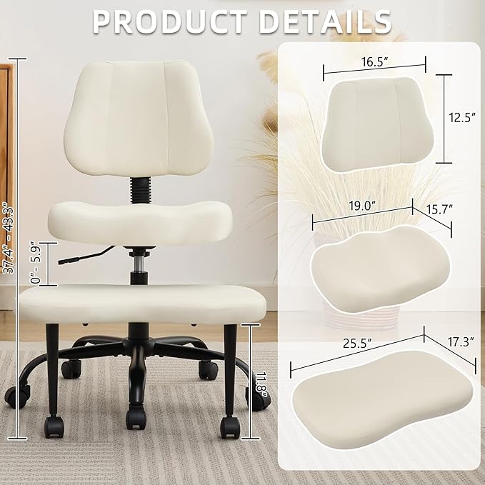 Ergonomic Cross Legged Office Chair, Criss Cross Chair with Wheels, 360°Swivel ADHD Meditation Kneeling Yoga Seat with Adjustable Height, Ergonomic Back Support and Leg Rest, Leather (White)
