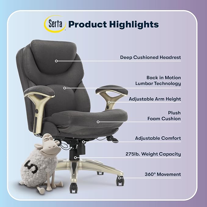 Serta Claremont Ergonomic Executive Office Chair with Back in Motion Technology, Adjustable Mid Back Desk Chair with Lumbar Support, Fabric, Dark Gray