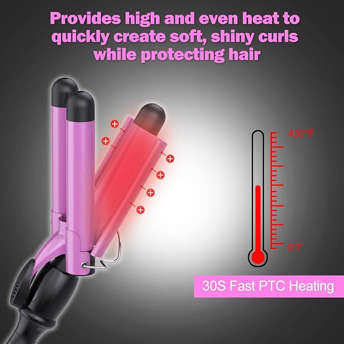 kuwa 15 Variable Temperature Crimper Hair Tool,3 Barrel Curling Iron,Hair Crimper for Women,WaverHair Tool,Hair Waver with LCD Temperature Display